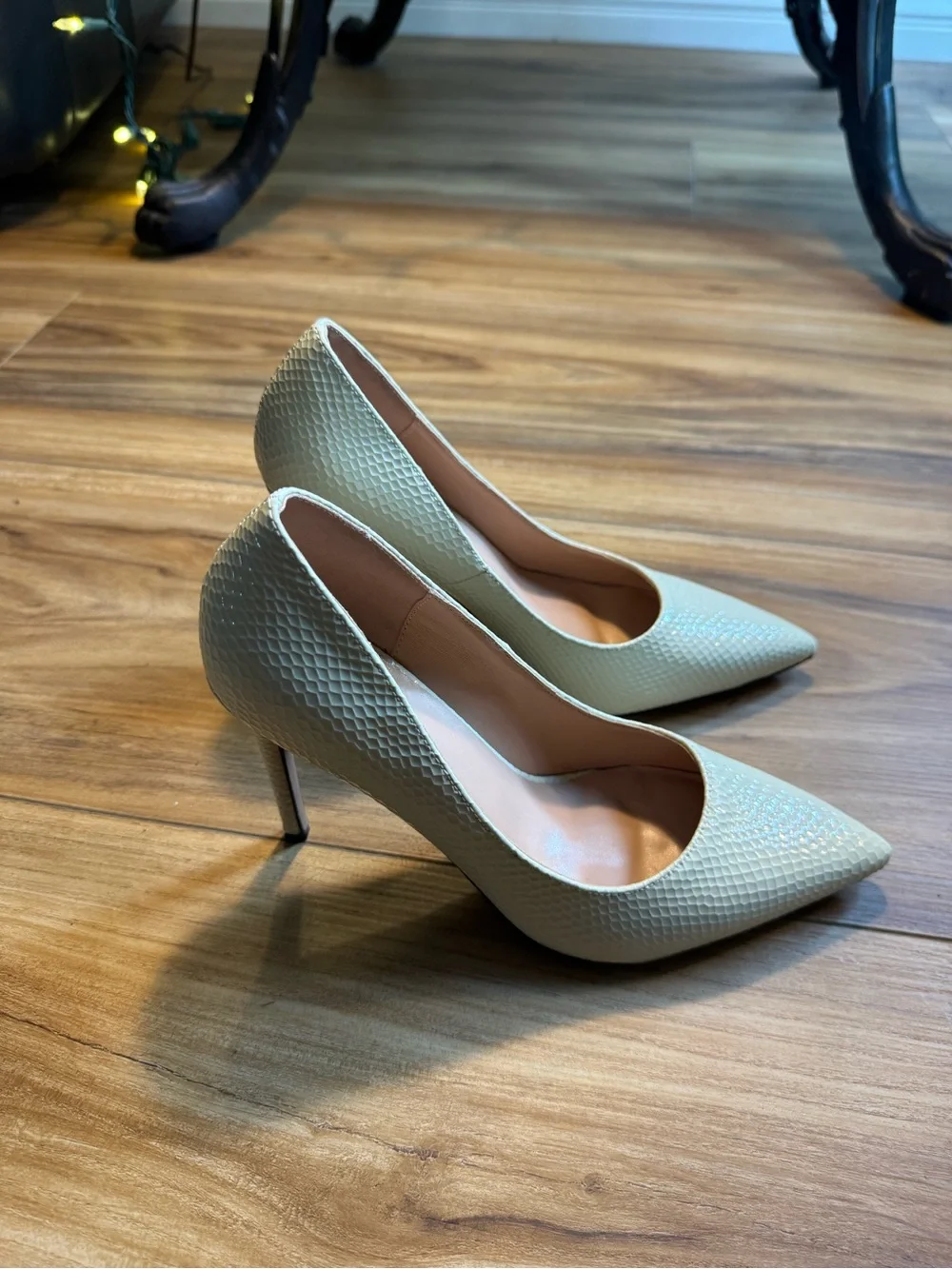 Pointed-Toe Stiletto Pumps in Light Yellow Textured Finish